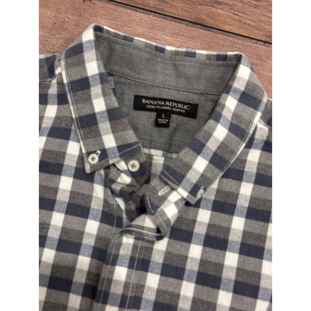 Banana Republic Luxe Flannel Slim Fit Shirt Mens Large Grey Blue Plaid Check